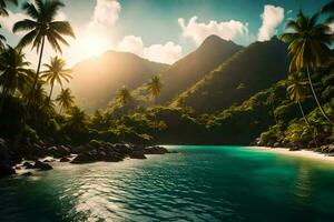 tropisch strand met palm bomen en bergen. ai-gegenereerd foto