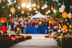 een houten loopbrug met lantaarns en bloemen. ai-gegenereerd foto