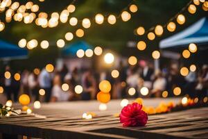 een bloem zit Aan een houten tafel in voorkant van een menigte. ai-gegenereerd foto