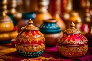 kleurrijk potten en vazen Aan een rood tafel. ai-gegenereerd foto