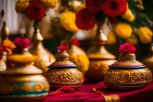 gouden vazen met bloemen Aan een rood tafel. ai-gegenereerd foto