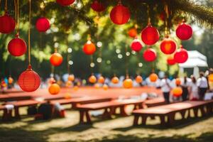 rood lantaarns hangende van bomen in een park. ai-gegenereerd foto