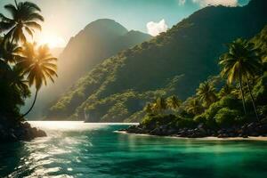 tropisch eiland met palm bomen en water. ai-gegenereerd foto