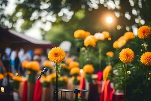 geel bloemen in een veld- met een microfoon. ai-gegenereerd foto