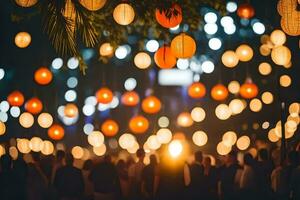 mensen zijn staand in een menigte Bij nacht met papier lantaarns. ai-gegenereerd foto