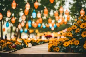 een tafel met bloemen en lantaarns in de achtergrond. ai-gegenereerd foto