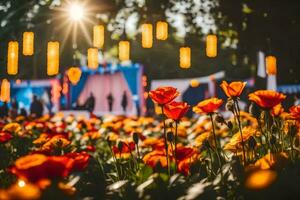 oranje bloemen in de zon met lantaarns. ai-gegenereerd foto