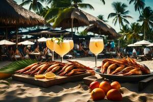 een tafel met garnaal en drankjes Aan de strand. ai-gegenereerd foto