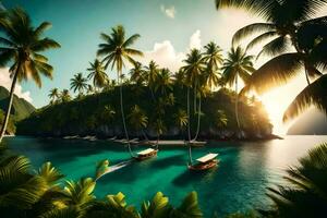 tropisch eiland met palm bomen en boten in de oceaan. ai-gegenereerd foto