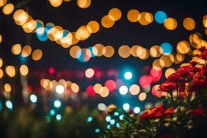 rood bloemen in voorkant van een verlicht straat. ai-gegenereerd foto