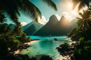 de zon schijnt over- een tropisch eiland met palm bomen en water. ai-gegenereerd foto