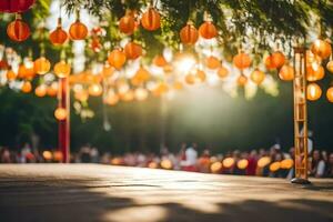 oranje lantaarns hangende van bomen in de zon. ai-gegenereerd foto
