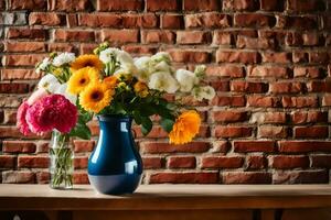 een vaas met bloemen Aan een tafel in voorkant van een steen muur. ai-gegenereerd foto