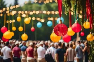 veel mensen zijn staand in de omgeving van een groot buitenshuis evenement met kleurrijk papier lantaarns. ai-gegenereerd foto