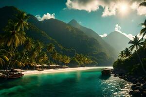 een tropisch strand met palm bomen en boten. ai-gegenereerd foto