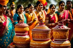 Dames in kleurrijk sari's staand in de omgeving van een groot pot. ai-gegenereerd foto