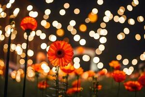 bloemen in de veld- Bij nacht met lichten. ai-gegenereerd foto