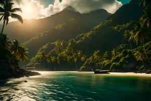 een boot is Aan de strand in voorkant van palm bomen. ai-gegenereerd foto