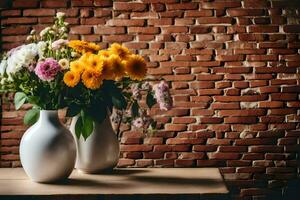 twee vazen met bloemen Aan een tafel in voorkant van een steen muur. ai-gegenereerd foto