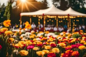 een bruiloft ceremonie in een bloem tuin met zon schijnt. ai-gegenereerd foto