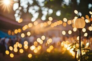 een verlicht lantaarn is in de midden- van een park. ai-gegenereerd foto