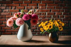 twee vazen met bloemen Aan een tafel. ai-gegenereerd foto