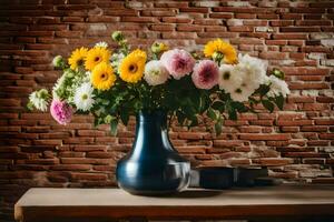 een vaas van bloemen zittend Aan een tafel in voorkant van een steen muur. ai-gegenereerd foto