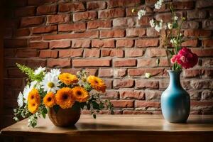 bloemen in vazen Aan een tafel in voorkant van een steen muur. ai-gegenereerd foto