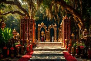 een overladen Ingang naar een tempel in de bossen. ai-gegenereerd foto