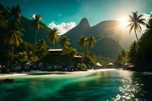 een tropisch strand met palm bomen en een hut. ai-gegenereerd foto