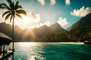 een tropisch strand met palm bomen en bergen. ai-gegenereerd foto