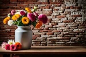 een vaas met kleurrijk bloemen Aan een tafel. ai-gegenereerd foto