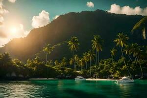 een tropisch eiland met palm bomen en boten. ai-gegenereerd foto