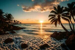 de zon sets over- de oceaan en palm bomen Aan de strand. ai-gegenereerd foto