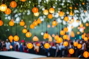 veel oranje lichten hangende van bomen in een park. ai-gegenereerd foto