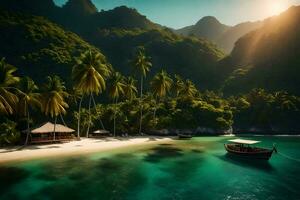 een boot is aangemeerd Aan een strand omringd door palm bomen. ai-gegenereerd foto