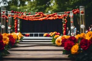 een bruiloft ceremonie met rood en geel bloemen. ai-gegenereerd foto