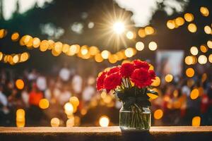 rood rozen in een vaas Aan een tafel in voorkant van een menigte. ai-gegenereerd foto