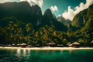 een tropisch eiland met palm bomen en hutten. ai-gegenereerd foto