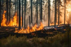 een Woud brand in de midden- van een Woud. ai-gegenereerd foto