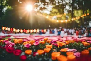 bloemen in de park Bij zonsondergang. ai-gegenereerd foto