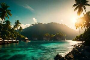 de zon schijnt over- een tropisch eiland met palm bomen. ai-gegenereerd foto