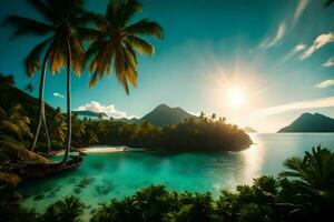 de zon schijnt Aan een tropisch eiland met palm bomen en een boot. ai-gegenereerd foto