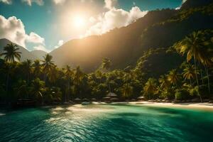 tropisch strand met palm bomen en zon schijnend over- de oceaan. ai-gegenereerd foto