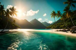 een tropisch strand met palm bomen en bergen. ai-gegenereerd foto