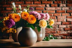 bloemen in vazen Aan een tafel in voorkant van een steen muur. ai-gegenereerd foto