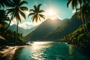 de zon schijnt over- een tropisch strand en palm bomen. ai-gegenereerd foto