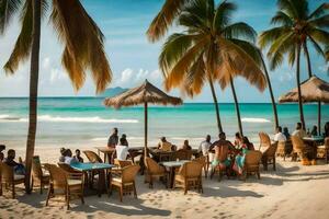 mensen zitten Bij tafels Aan de strand met palm bomen. ai-gegenereerd foto