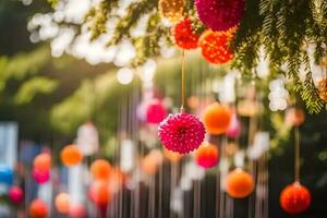 kleurrijk hangende ballen hangende van bomen. ai-gegenereerd foto