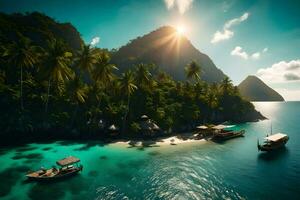 een tropisch eiland met palm bomen en boten. ai-gegenereerd foto
